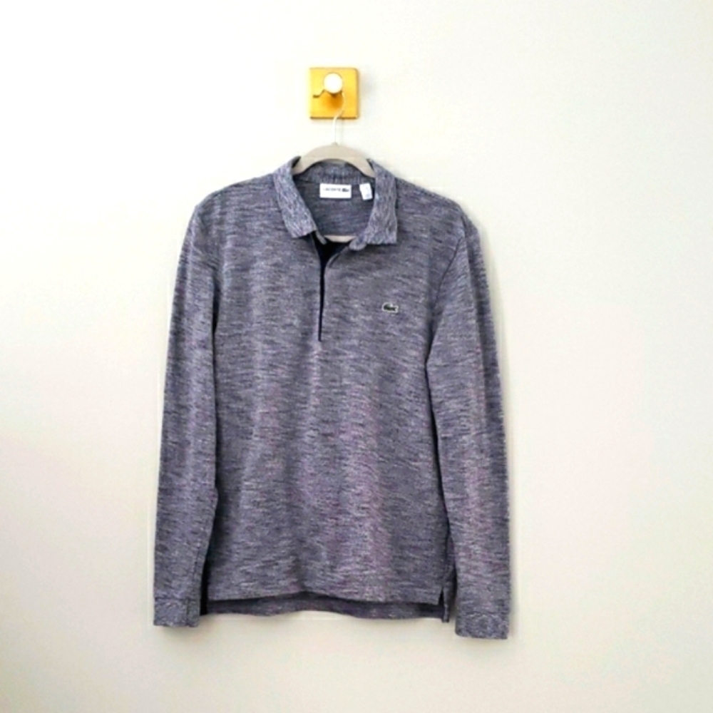 Lacoste Men Rugby Polo Shirt Medium Navy Blue Mouline Cotton Long Sleeve Preppy